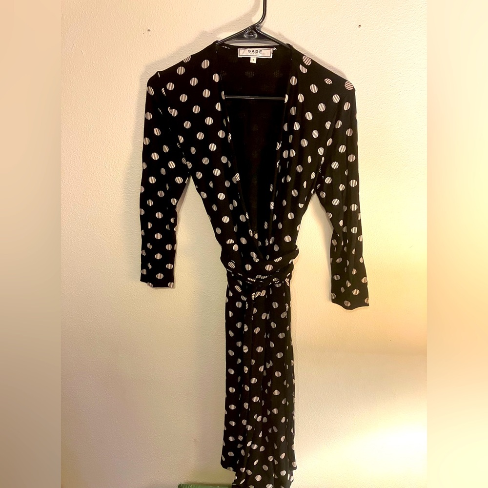 Black and white polka dot wrap dress